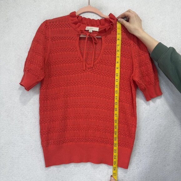 LOFT Sweater Womens Medium Red V Neck Ruffle Short Sleeve Open Knit Pullover - Picture 5 of 8